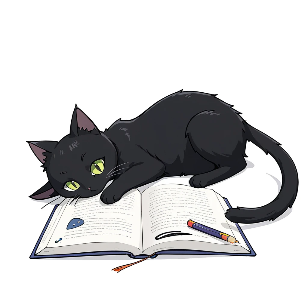 1 black cat lie down on the book,simple,(white background:1.4),doodle,scribble,minimalism,playing Bookmark