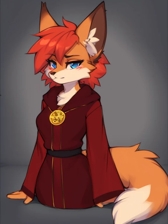((masterpiece, best quality)) by zackary911,zackary911, fluff-kevlar, by fluff-kevlar, anthro wolf, orange fur, female, solo, one character, fuury character, furry female. blue eyes, big ears, red robe. gold medallion, orange fur. fluffy fur, big tail, serious face, only one tail, dark background, no hair