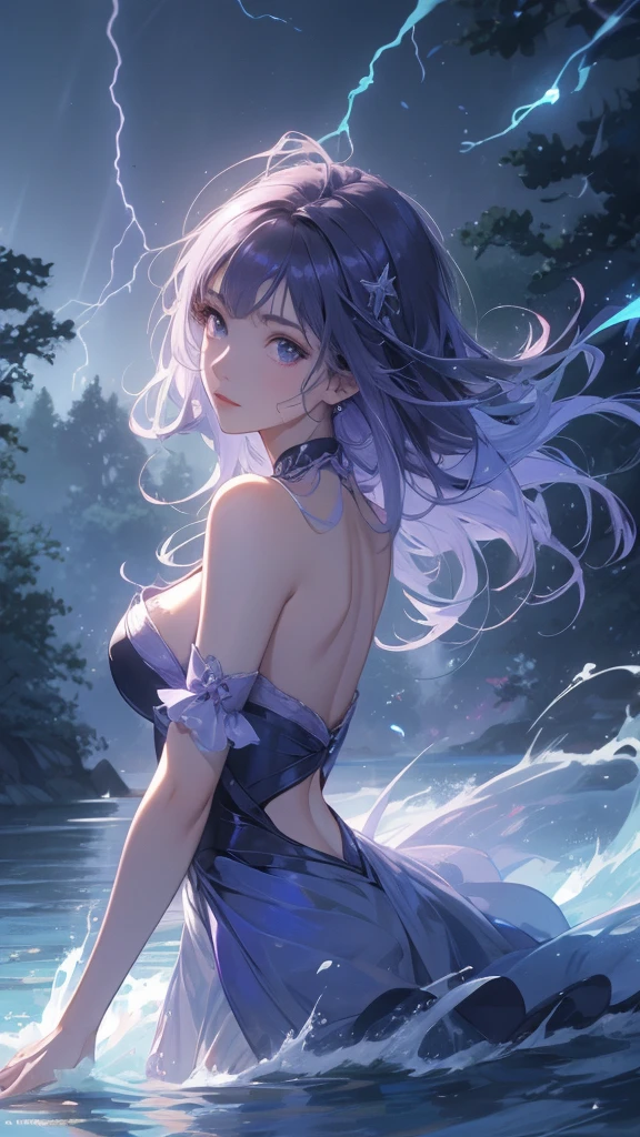 work of art, best qualityer, ultra epic details, creative, good lighting, excellent shading, tonalidade de colors claras, (4K), (face 8k), water effects, forest in the background, lightning and thunder, haos, tempest, colors, purple, cerulean, rot