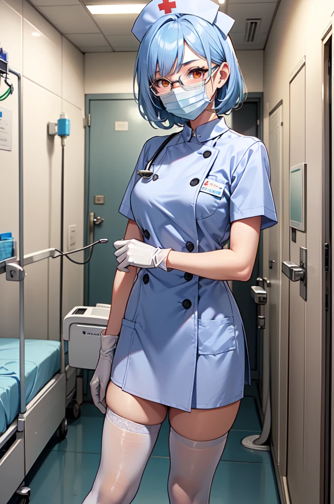 1girl, solo, nurse, nurse cap, white nurse uniform, ((white legwear, zettai ryouiki)), white gloves, glasses, blue hair, orange eyes, ((white surgical mask, covered nose)), standing, ((hospital room)), sharp outline, short sleeves, best quality, masterpiece