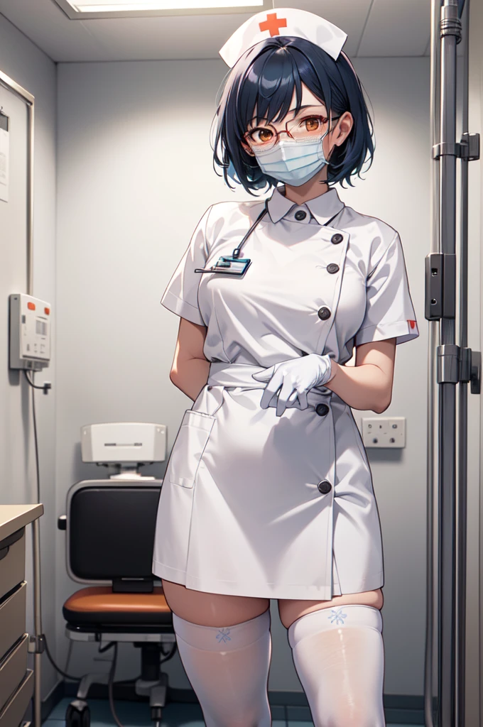 1girl, solo, nurse, nurse cap, white nurse uniform, ((white legwear, zettai ryouiki)), white gloves, glasses, blue hair, orange eyes, ((white surgical mask, covered nose)), standing, ((hospital room)), sharp outline, short sleeves, best quality, masterpiece