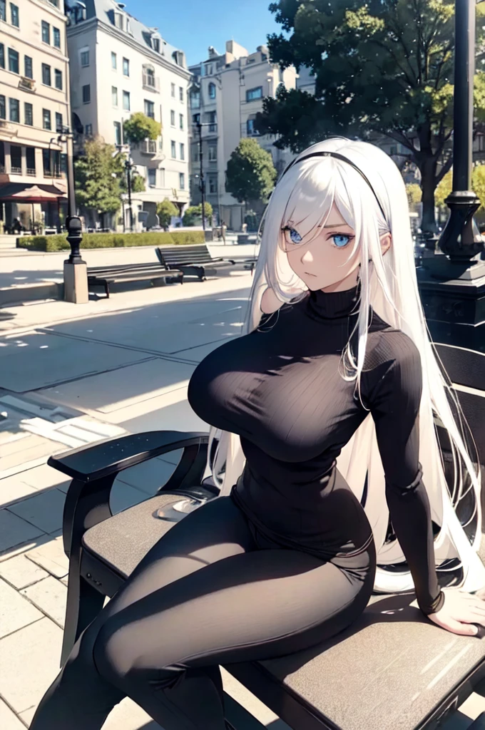 long white hair, stellar blue eyes, Waist slender, strong bodie, defined abdomen, confident and serious face, huge breasts, dark circles in the eyes, Kizi, black wool sweater with high neck, strong arms with long black sleeves, sexy tight pants, sitting on a park bench outdoors.