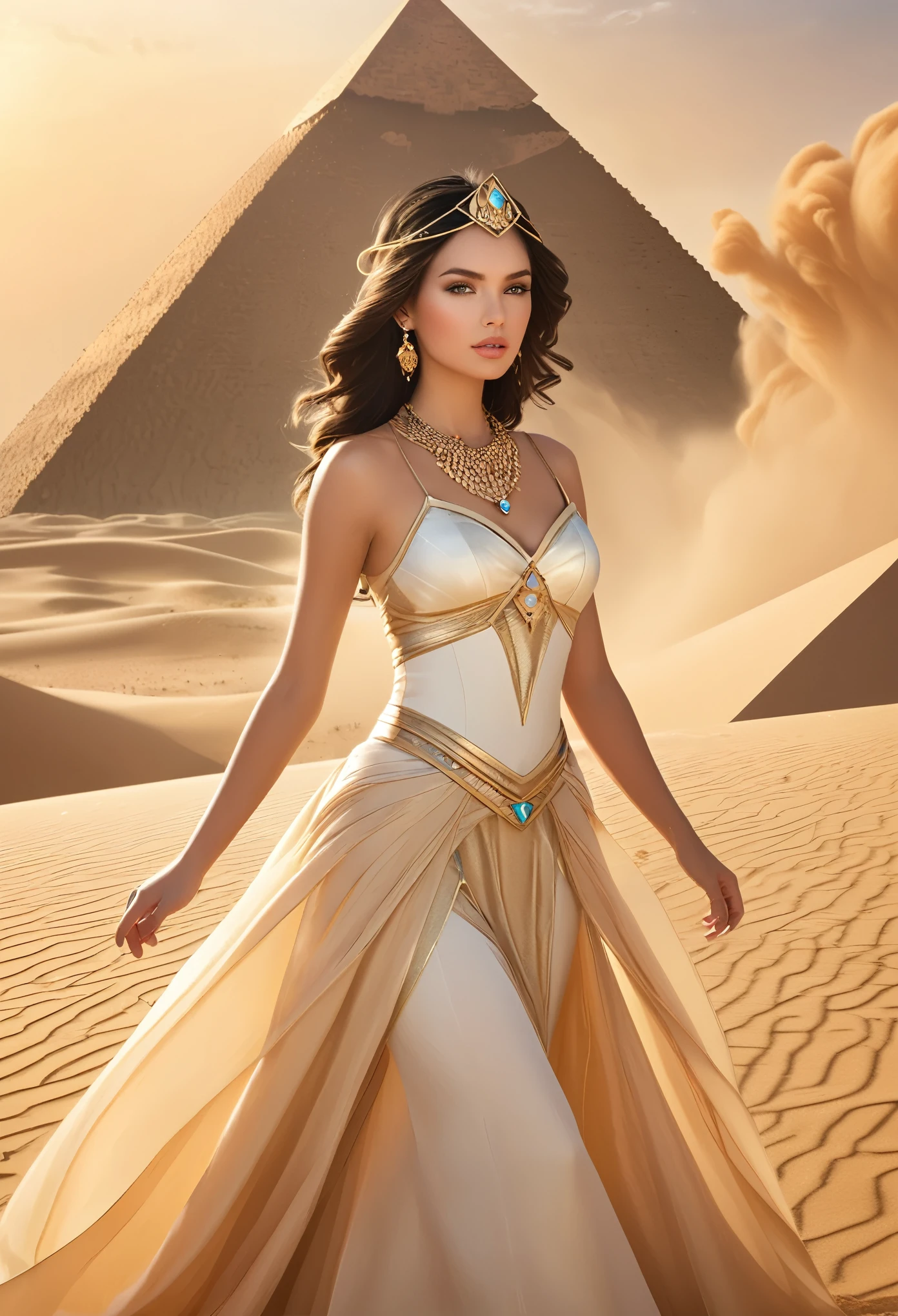 conceptual installation pop art, artwork painted with blue-pink-purple-black gradation, best quality, super fine, 16k, 2.5D, delicate and dynamic depiction, desert princess, Disney-style fantasy, cool and beautiful pretty princess, desert, pyramid, sandstorm effect