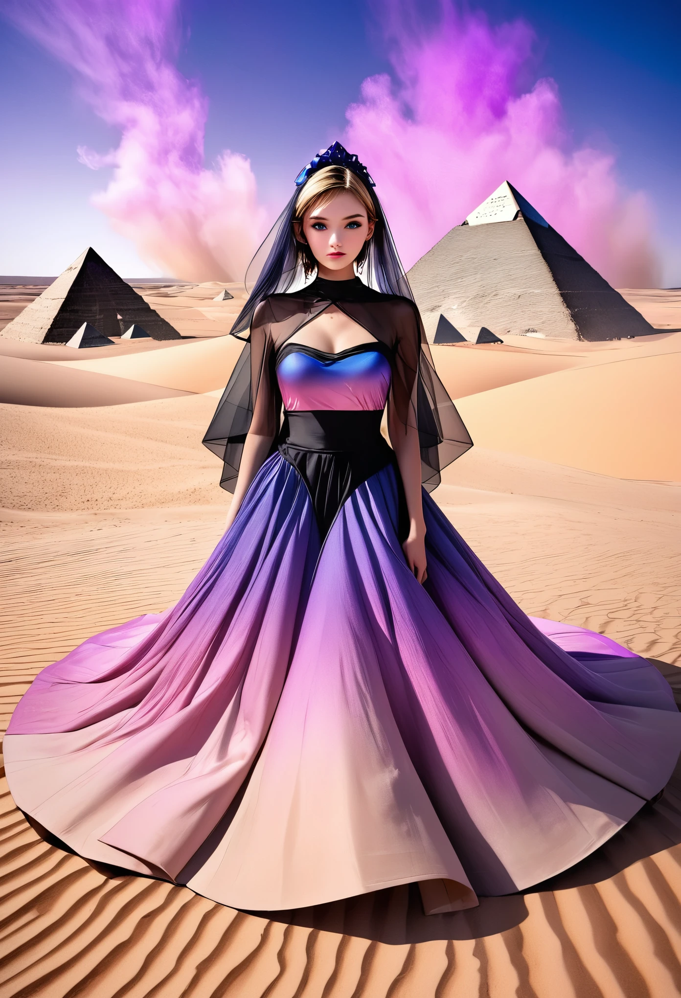 conceptual installation pop art, artwork painted with blue-pink-purple-black gradation, best quality, super fine, 16k, 2.5D, delicate and dynamic depiction, desert princess, Disney-style fantasy, cool and beautiful pretty princess, desert, pyramid, sandstorm effect