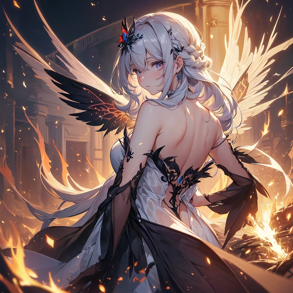 (Exquisite, beautiful, Very detailed, masterpiece, high resolution,high quality,High resolution),(Well-formed face,soft thin lines: 1.2, Beautiful, delicate and vivid illustrations with a mature and clear feel), From the rings on both hands, a fairy that controls flames and fire is floating in the air.,A delicate and beautiful adult fairy princess with transparent, black wings growing from her back.,Dark Night,inflammation,sparks,From a little distance,She&#39;s wearing a tiara, earrings, necklace and bracelets.,), ((Red, white and black ball gown dress with inflammation motif:1.1, Balloon sleeves, Jewels, ribbons, lace and frills, Fairy wings from the back:1.5)), (Long fingers,Pale pink blush, Plump pink lips,Beautiful and clear eyes,Large Bust, Fair skin, Black knee-highs,Good style),pastel colour, Fantasy,Whole body,flare up