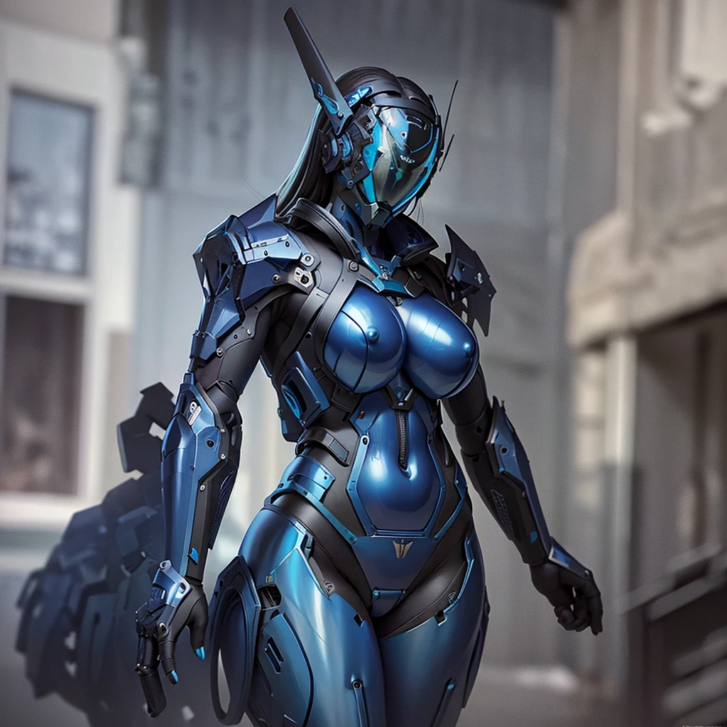 masterpiece, Highest quality, Super detailed,Full Art,whole body, figure,(One girl),beautiful, NSFW,high head and body,heavily armed soldier,sky blue color armor,Bikini armor,cyber punk style,Steam Street,Helmet covering the face,Big Breasts,Crotch crack,Revealing clothing,Soldier equipment