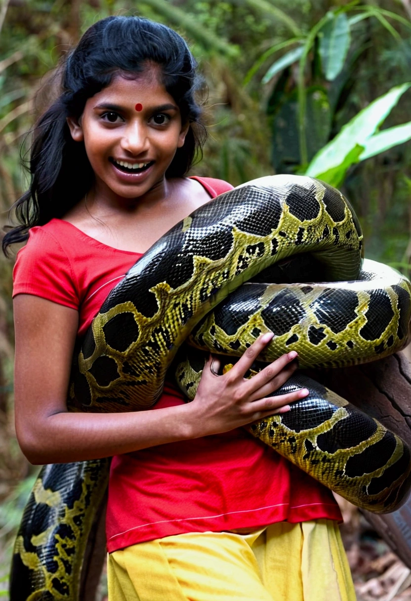 Happy Horny, aroused 1girl), beautiful Indian young teen girl with giant colossal Kaa monster squeezing her hard, wrapped in thick spiraling coils, constricted, struggle, gasping for air, snake attack, snake peril