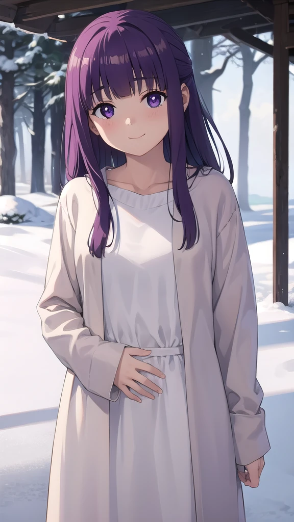 masterpiece, Highest quality, Absurd, One girl, alone, Purple Eyes, Long Hair, Half Up, Outdoor, snow, winter, smile, blush, (Full nude:1.8)