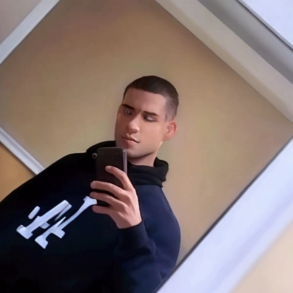 man in front of mirror with cold blouse about 20 years old, handsome hair