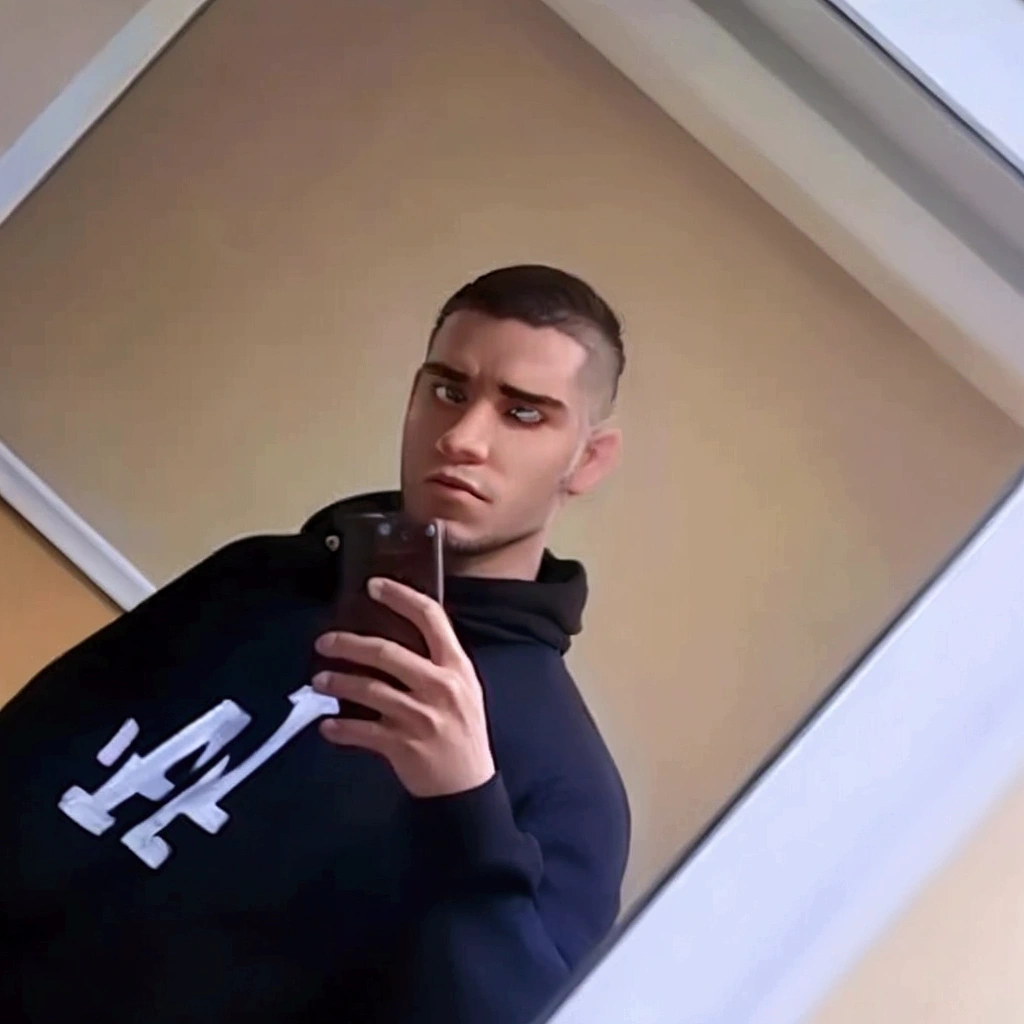 man in front of mirror with cold blouse about 20 years old, handsome hair