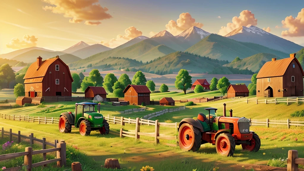 a beautiful detailed farm named ALEGRIA, lush green fields, rustic wooden fences, red barn with white trim, rolling hills in the background, old tractor parked near the barn, picturesque landscape, warm golden sunlight, highly detailed, photorealistic, ultra-detailed, vibrant colors, masterpiece, 8k, award-winning photograph