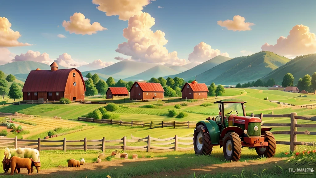 a beautiful detailed farm named ALEGRIA, lush green fields, rustic wooden fences, red barn with white trim, rolling hills in the background, old tractor parked near the barn, picturesque landscape, warm golden sunlight, highly detailed, photorealistic, ultra-detailed, vibrant colors, masterpiece, 8k, award-winning photograph