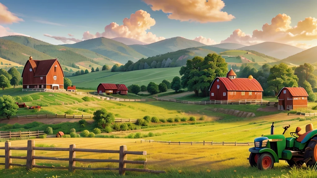 a beautiful detailed farm named ALEGRIA, lush green fields, rustic wooden fences, red barn with white trim, rolling hills in the background, old tractor parked near the barn, picturesque landscape, warm golden sunlight, highly detailed, photorealistic, ultra-detailed, vibrant colors, masterpiece, 8k, award-winning photograph