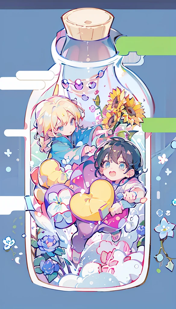 Q version，child，cute风格的颜色，Two boys，One is blonde hair，One has dark blue hair，In the bottle，chibi，flower，Rose，sunflower，Heart Shaped Gemstone，Q version，cute，Fresh colors，colourful，Hidden Color，8K，Correct human body，Detailed eye painting，illustration，Highest quality，Exquisite，Detailed face，Masterpiece，flat chest，Slim，young，16 years old，High-end，Hand Painted，Official Fanart，Visual novel，Anime style，Girly Romance，Produced by Anime Painter Studio，