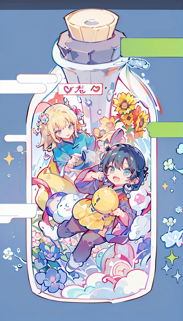 Q version,child,cute风格的颜色,Two boys,One is blonde hair,One has dark blue hair,In the bottle,chibi,flower,Rose,sunflower,Heart Shaped Gemstone,Q version,cute,Fresh colors,colourful,Hidden Color,8K,Correct human body,Detailed eye painting,illustration,Highest quality,Exquisite,Detailed face,Masterpiece,flat chest,Slim,young,,High-end,Hand Painted,Official Fanart,Visual novel,Anime style,Girly Romance,Produced by Anime Painter Studio,