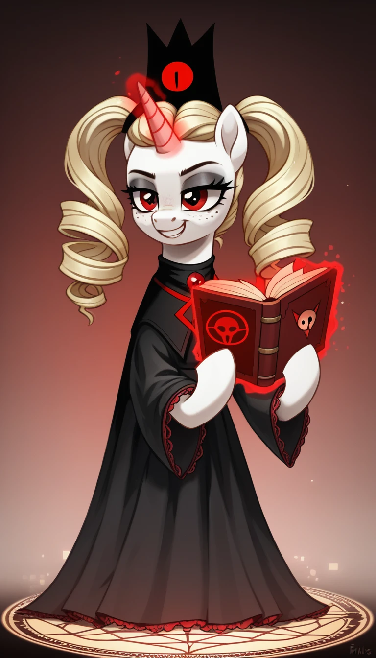 score_9,score_8_up,score_7_up,score_6_up, filly, unicorn, white fur, curly blonde hair, twintails, freckles, red eyes, Gothic pony, ta fashion, glowing backlight, fashion show, cult church scene, glitter, whimsical, enchanted, magical, fantasy art concept, intricate details, insane smile, blood splatter on face, floating, holding spell book, glowing horn, preaching to ponies, fillies and colts standing in a circle