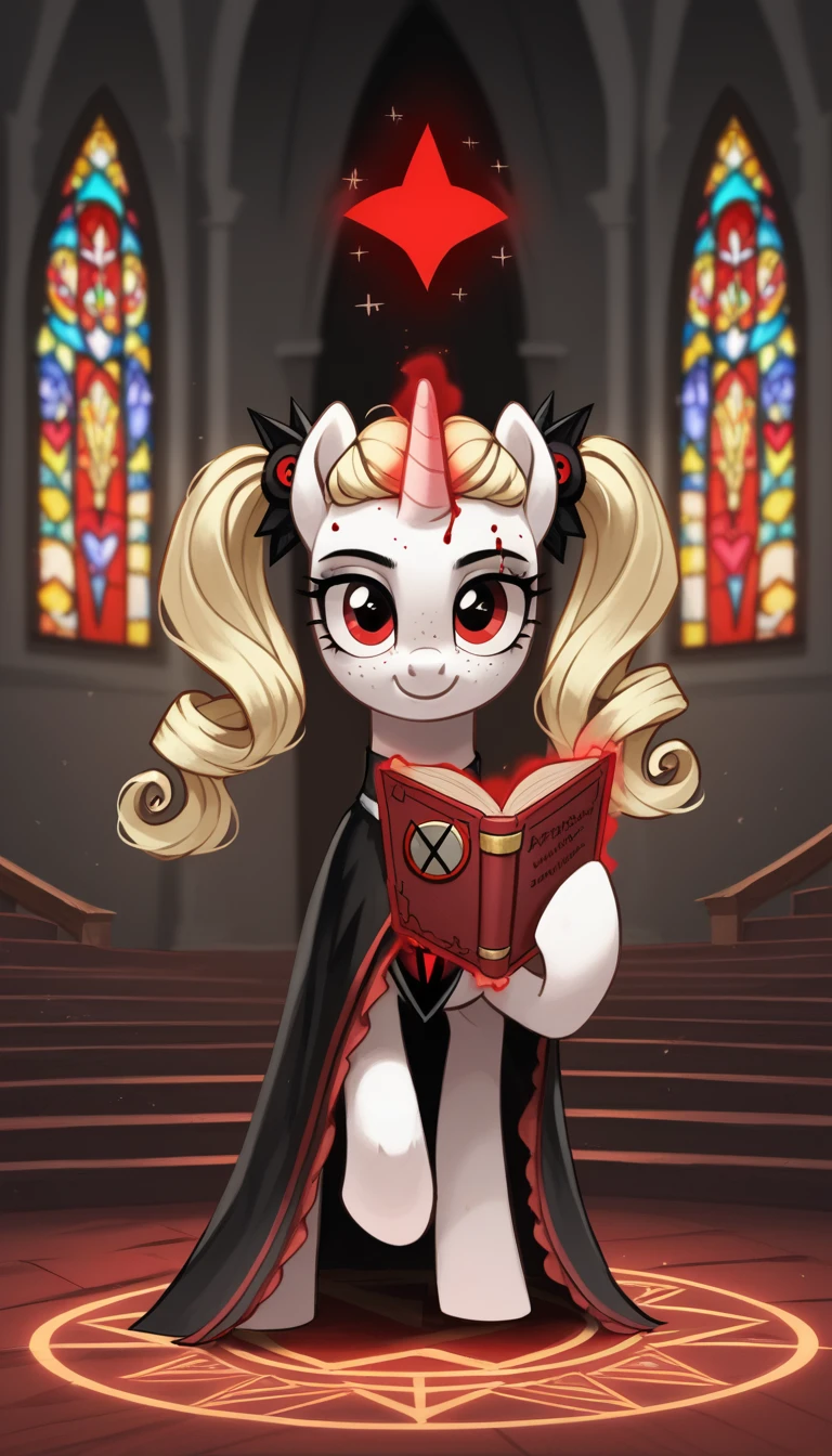 score_9,score_8_up,score_7_up,score_6_up, filly, unicorn, white fur, curly blonde hair, twintails, freckles, red eyes, Gothic pony, ta fashion, glowing backlight, fashion show, cult church scene, glitter, whimsical, enchanted, magical, fantasy art concept, intricate details, insane smile, blood splatter on face, floating, holding spell book, glowing horn, preaching to ponies, fillies and colts standing in a circle