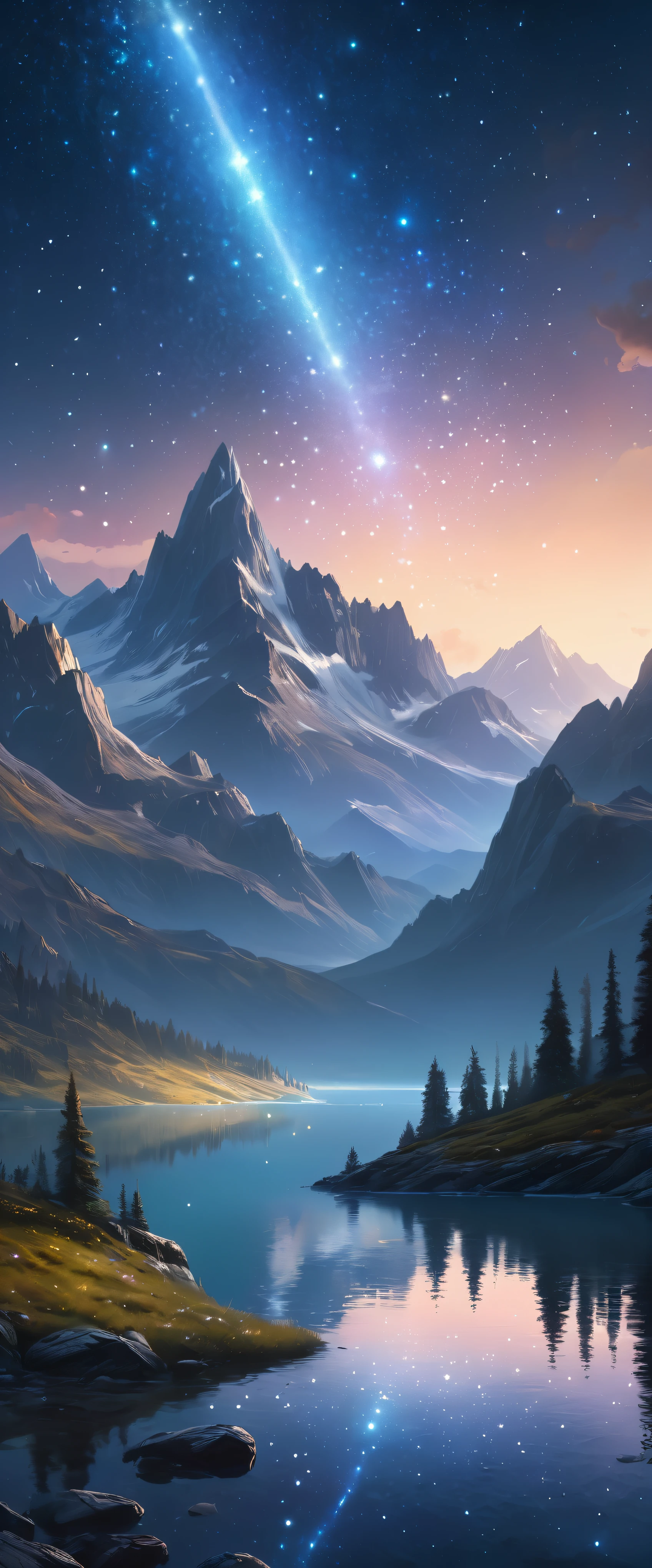 Starry Sky with Mountains and Lake, Jessica Rossier, Inspired by Jessica Rossier, Jessica Rossier Fantasy Art, Concept Art Magic Highlights, Official Artwork, Dream Painting, Ethereal Realm, Atmospheric artwork, dreamy matte paintings, serene endless stars inspired by Ted Nasmith, moonlit starry environments, epic music album covers.流れ星が大きな光の帯を描いている