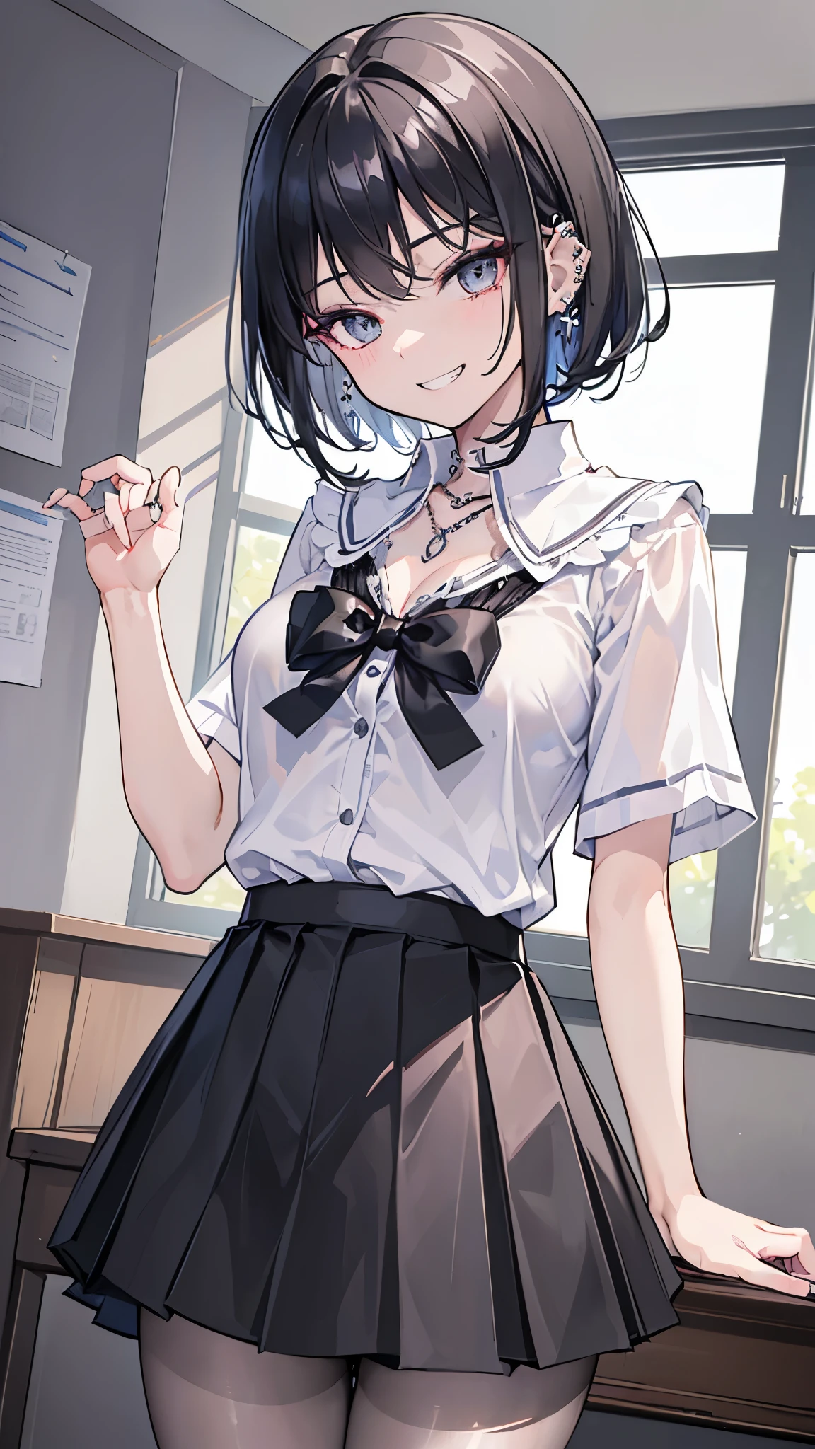 (masterpiece、Highest quality、Very detailed))、One girl、Black Hair、short hair、Barrette、Grey Eyes、evil smile、((Grin))、((lots of piercing))、Large Breasts、((White collared shirt))、((Open chest))、((cleavage))、necklace、Short sleeve、((Black pleated skirt))、((micro miniskirt))、((black pantyhose))、Cowboy Shot、machine、Classroom Background