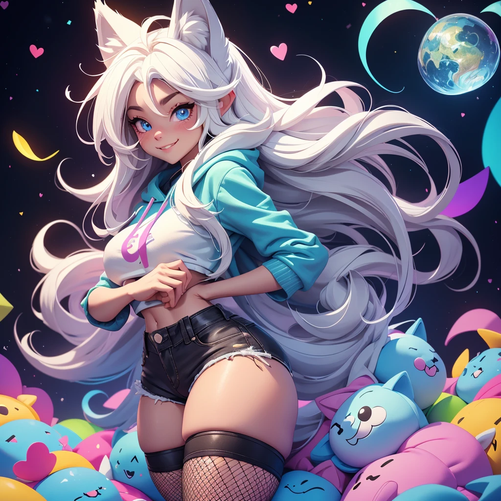 a cute adult male with wolf ears, long white hair, long locks, has a wolf tail, wearing a loose cropped black hoodie, wearing a pair of denim short shorts and fishnet stockings, thick thighs, wide hips, short, showing slender tummy, heart on hoodie, squishy thighs, has glowing blue eyes. alone, solo (ALONE)(SOLO), surrounded by rainbows, colorful galaxy backround, smiling, ontop of a pile of fluffy plushes, plushies everywhere, kawaii plushies, surrounded by bubbles, surrounded by rainbow leaves, standing up dancing, thicc thighs, has giant ears