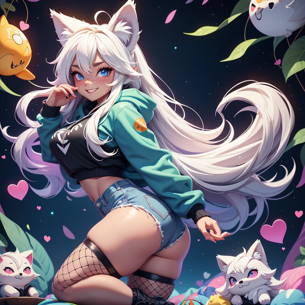 a cute adult male with wolf ears, long white hair, long locks, has a wolf tail, wearing a loose cropped black hoodie, wearing a pair of denim short shorts and fishnet stockings, thick thighs, wide hips, short, showing slender tummy, heart on hoodie, squishy thighs, has glowing blue eyes. alone, solo (ALONE)(SOLO), surrounded by rainbows, colorful galaxy backround, smiling, ontop of a pile of fluffy plushes, plushies everywhere, kawaii plushies, surrounded by bubbles, surrounded by rainbow leaves, standing up dancing, thicc thighs, has giant ears