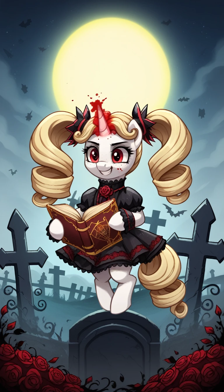 score_9,score_8_up,score_7_up,score_6_up, filly, unicorn, white fur, curly blonde hair, twintails, freckles, red eyes, Gothic pony, ta fashion, glowing backlight, fashion show, graveyard scene, glitter, whimsical, enchanted, magical, fantasy art concept, intricate details, insane smile, blood splatter on face, floating, holding spell book, glowing horn,