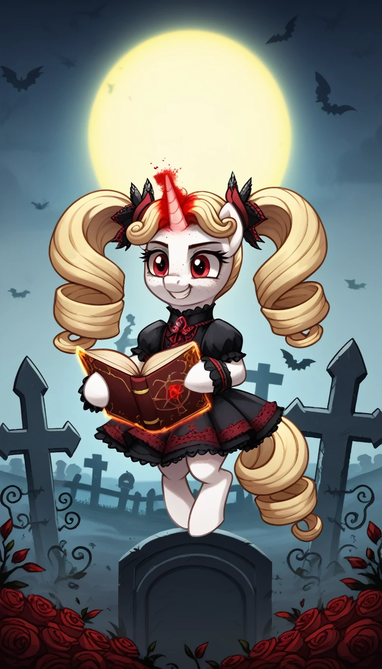 score_9,score_8_up,score_7_up,score_6_up, filly, unicorn, white fur, curly blonde hair, twintails, freckles, red eyes, Gothic pony, lolita fashion, glowing backlight, fashion show, graveyard scene, glitter, whimsical, enchanted, magical, fantasy art concept, intricate details, insane smile, blood splatter on face, floating, holding spell book, glowing horn,