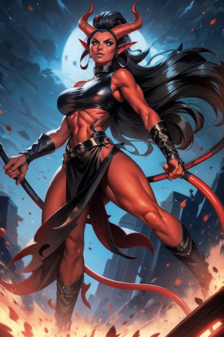 Red skin succubus tiefling, medium breasts, black horns, wings, huge tail, black leather, crop top, long flowing pelvic curtain, tall, toned, graceful, thin, long black ponytail. Action scene, whip. Dark scene, explosions, night sky.