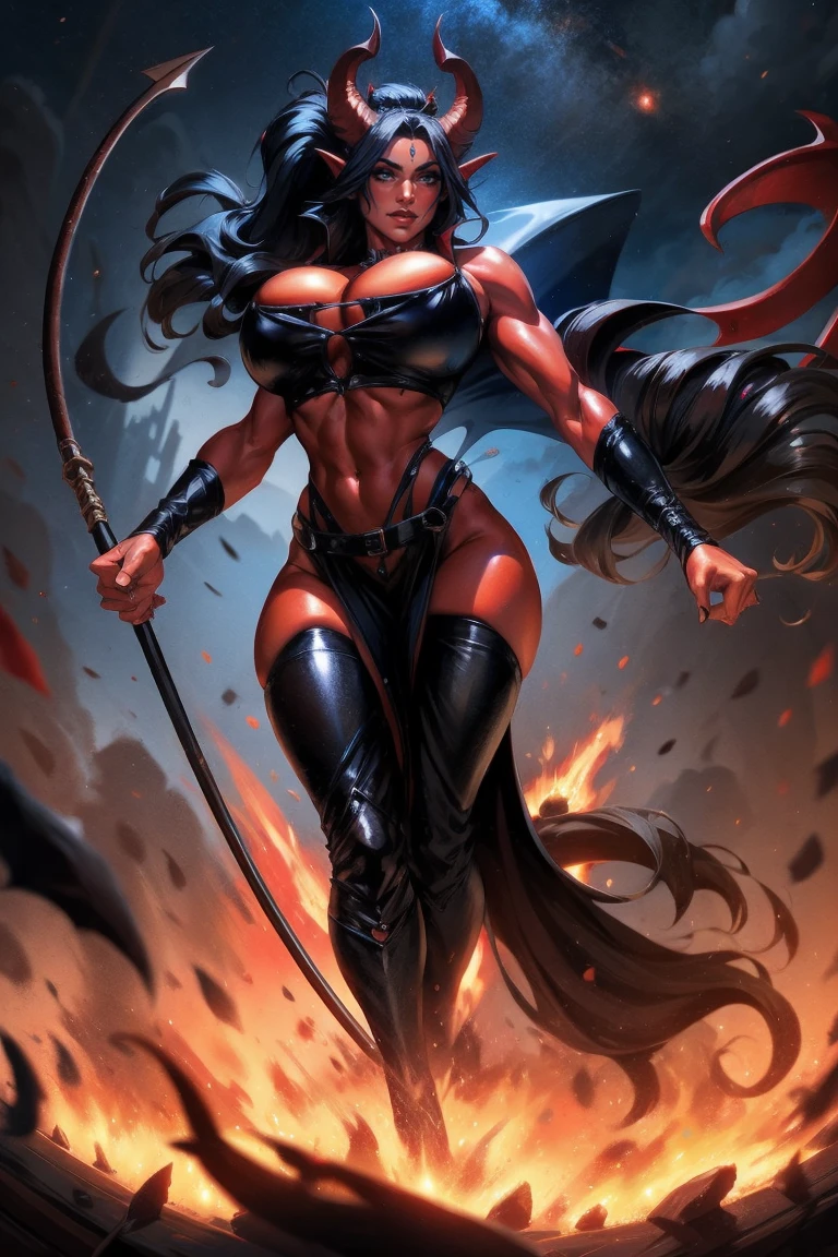 Red skin succubus tiefling, medium , black horns, wings, huge tail, black leather, crop top, long flowing pelvic curtain, tall, toned, graceful, thin, long black ponytail. Action scene, whip. Dark scene, explosions, night sky.
