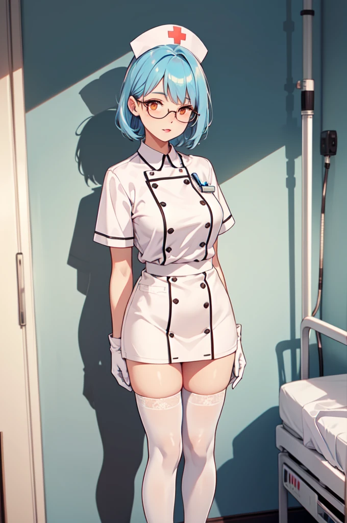 1woman, solo, nurse, white nurse cap, white nurse uniform, ((white legwear, zettai ryouiki)), white gloves, glasses, blue hair, orange eyes, pink lips, no impression, standing, ((hospital room)), sharp outline, short sleeves, mature female, 35 years old, best quality, masterpiece