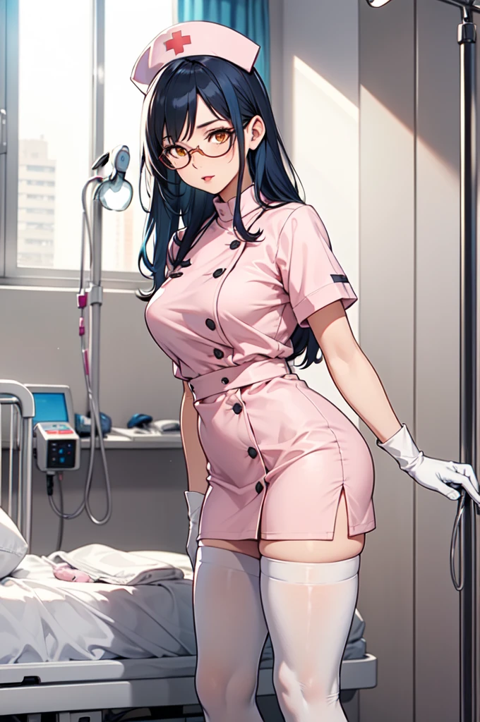 1woman, solo, nurse, white nurse cap, white nurse uniform, ((white legwear, zettai ryouiki)), white gloves, glasses, blue hair, orange eyes, pink lips, no impression, standing, ((hospital room)), sharp outline, short sleeves, mature female, 35 years old, best quality, masterpiece