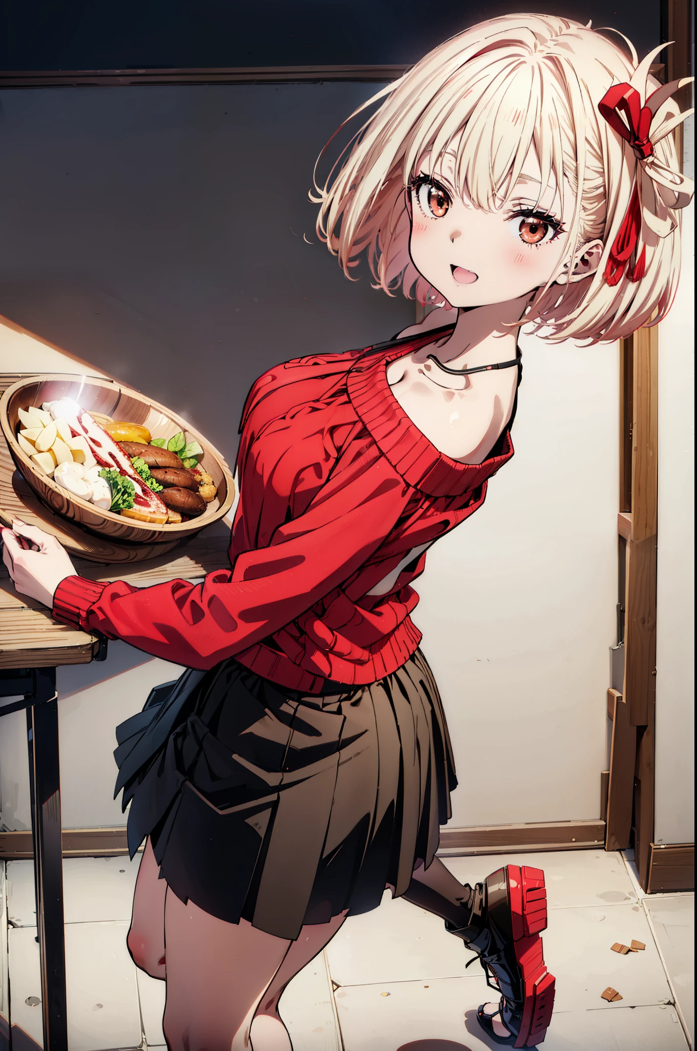 Chisato Nishikigi, short hair, bangs, Blonde, (Red eyes:1.5), hair ribbon, One side up, Bobcut,happy smile, smile, Open your mouth,Red one-shoulder sweater,mini skirt,black tights,short boots,There is food on the table,トレイ in one hand,Chair,Walking,whole bodyがイラストに入るように,
break indoors,School,canteen,
break looking at viewer, whole body,
break (masterpiece:1.2), Highest quality, High resolution, unity 8k wallpaper, (figure:0.8), (Beautiful attention to detail:1.6), Highly detailed face, Perfect lighting, Highly detailed CG, (Perfect hands, Perfect Anatomy),