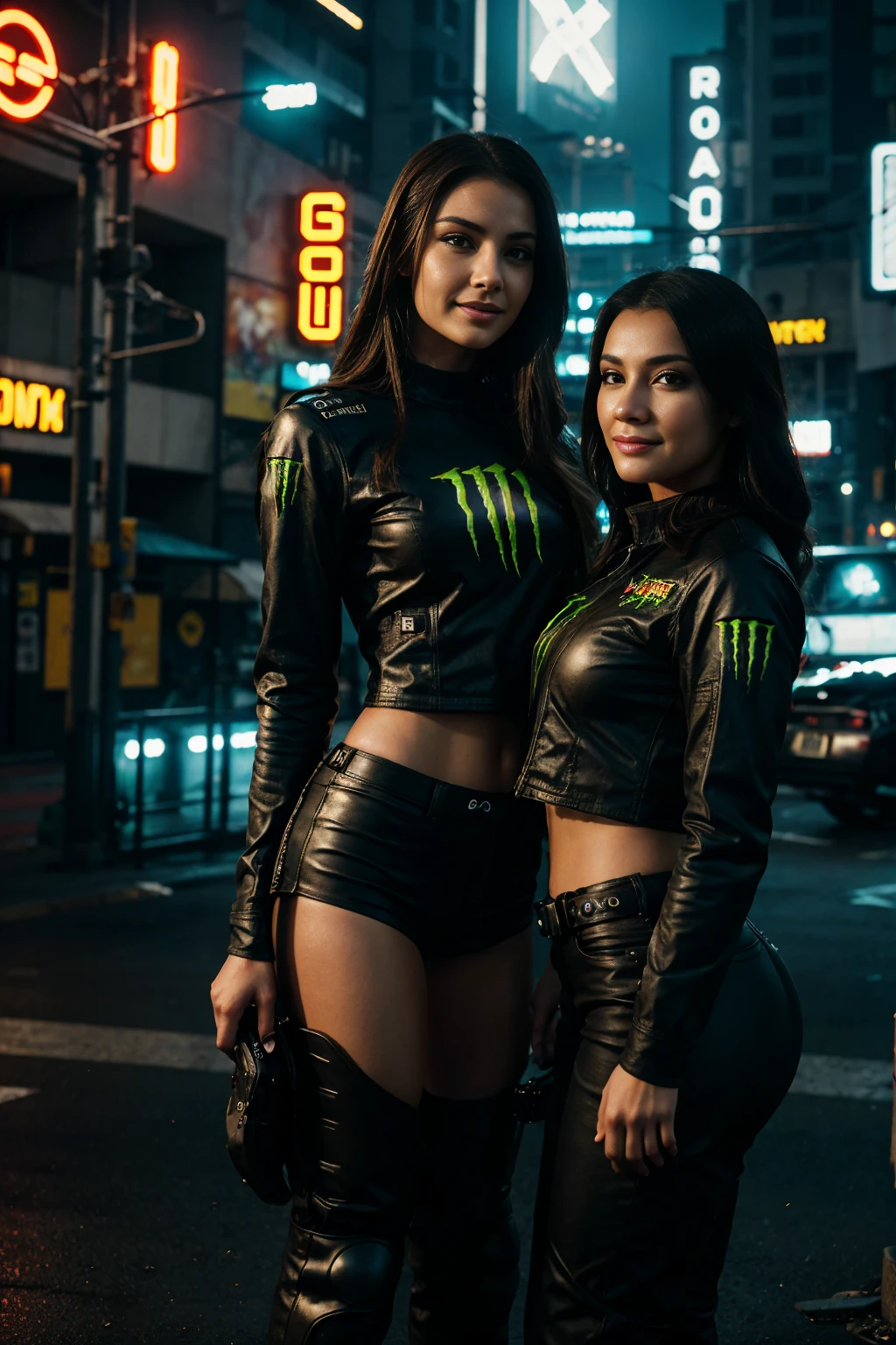 two woman smiles standing next to a motorcycle, monster energy logo in background, detailed woman, realistic, photorealistic, 8k, highres, best quality, masterpiece, ultra-detailed, physically-based rendering, professional, vivid colors, studio lighting, sharp focus, beautiful detailed eyes, beautiful detailed lips, extremely detailed face, long eyelashes, elegant pose, dynamic composition, cinematic lighting, dystopian cyberpunk atmosphere