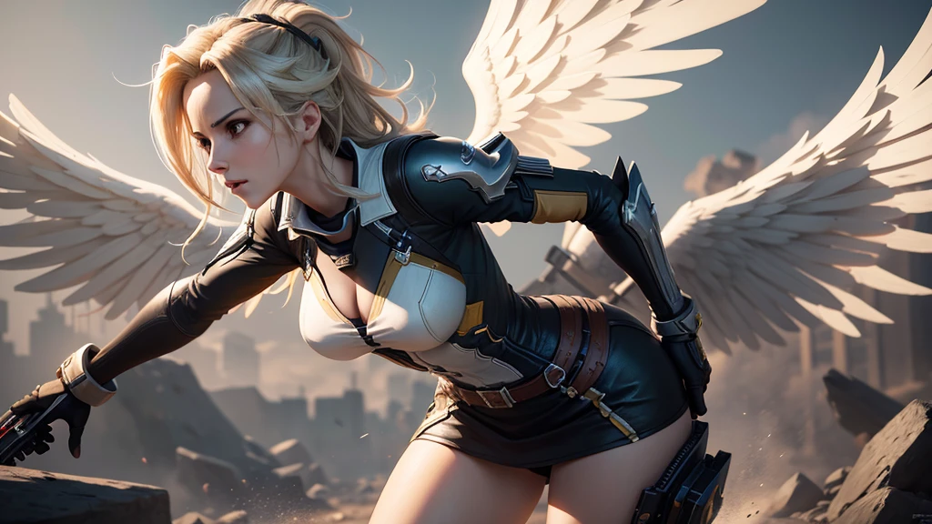 Mercy from Overwatch, angel wings on her back, messy hair blowing in wind, wearing black, wide stance, arms wide open, lighting and background is bright realistic style, with high attention to detail and sharp focus. The colors are vivid and contrasted, with a slight desaturation. The lighting is dramatic, with shadows and highlights enhancing the overall composition. The medium used is a digital illustration, with a touch of photo-realistic elements to add depth and texture to the image. The final result is a masterpiece in ultra-high resolution, showcasing the intense and raw nature of Mercy's character.