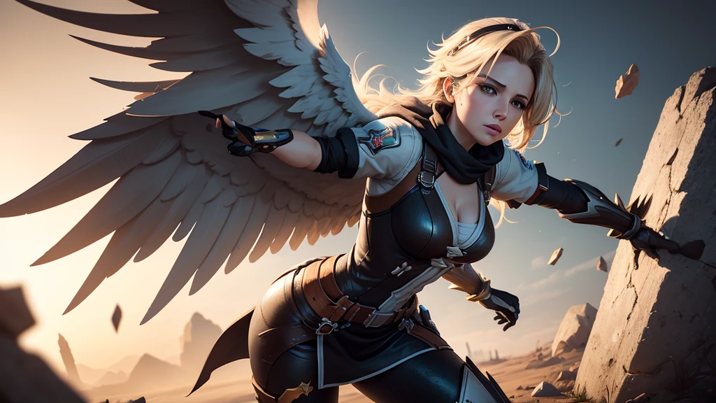 Mercy from Overwatch, angel wings on her back, messy hair blowing in wind, wearing black, wide stance, arms wide open, lighting and background is bright realistic style, with high attention to detail and sharp focus. The colors are vivid and contrasted, with a slight desaturation. The lighting is dramatic, with shadows and highlights enhancing the overall composition. The medium used is a digital illustration, with a touch of photo-realistic elements to add depth and texture to the image. The final result is a masterpiece in ultra-high resolution, showcasing the intense and raw nature of Mercy's character.