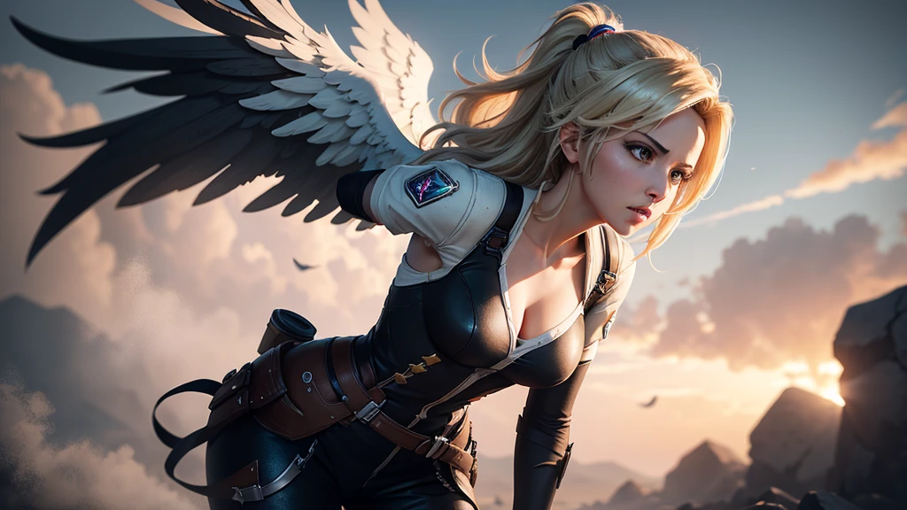 Mercy from Overwatch, angel wings on her back, messy hair blowing in wind, wearing black, wide stance, arms wide open, lighting and background is bright realistic style, with high attention to detail and sharp focus. The colors are vivid and contrasted, with a slight desaturation. The lighting is dramatic, with shadows and highlights enhancing the overall composition. The medium used is a digital illustration, with a touch of photo-realistic elements to add depth and texture to the image. The final result is a masterpiece in ultra-high resolution, showcasing the intense and raw nature of Mercy's character.