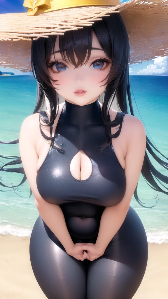 (ultra-high quality), (ultra-high resolution), (Very detail), lovely girl, slanted eyes, fleshy lips, Super big breasts and voluptuous body, Thin and small swimsuits, Beach with a spectacular view, Precisely drawn background, Natural light and shadow
