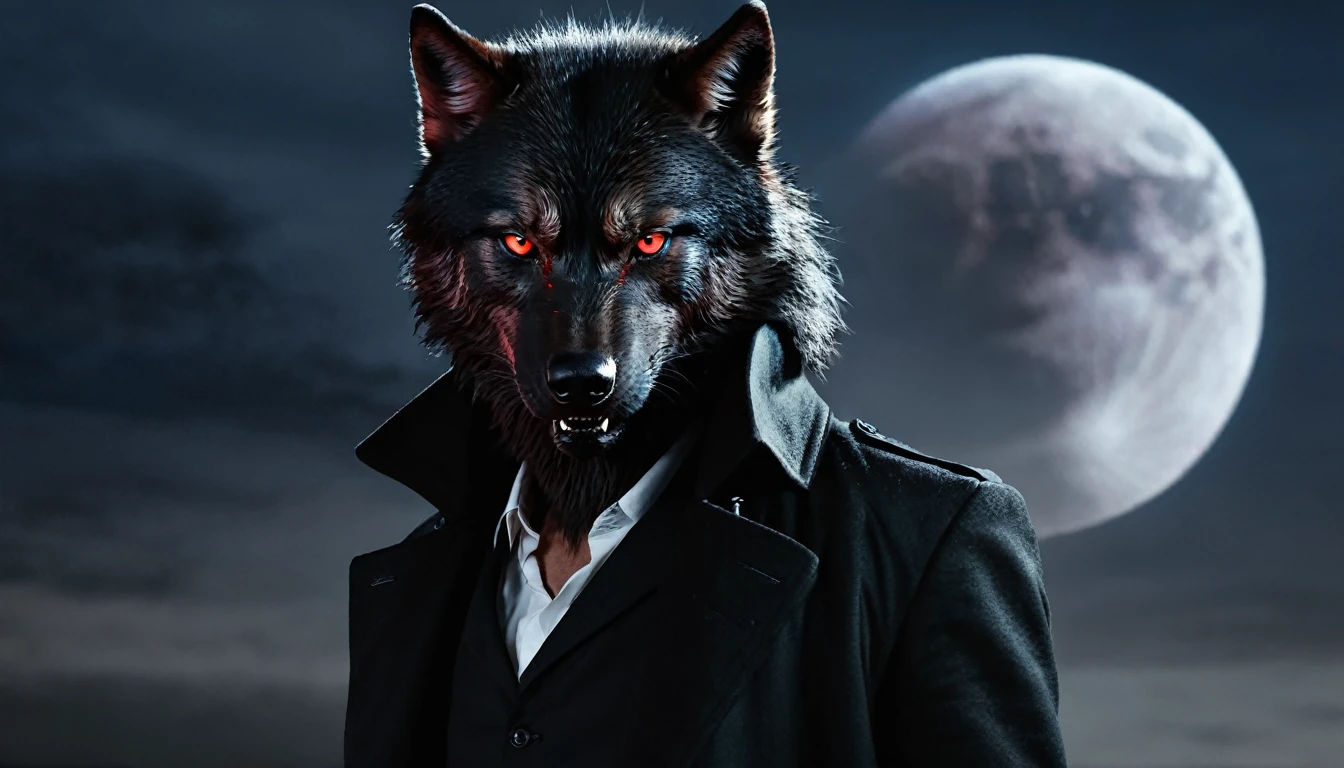 ((1 Guy)), ((Wolf)), Black Coat, ((Red Eyes)), ((Possessive)), ((Long Tail)), Angry, Scars, Night, Moon, HD, High Resolution, 4K