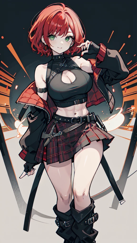 woman, curly red pixie cut hair, green eyes, wearing crop top black shirt, long black jacket, red plaid skirt, (black knee high boots), black fingerless gloves, exposed shoulders, (full body), large breasts, thick thighs, freckles, cleavage, abs, looking at viewer, masterpiece, best quality