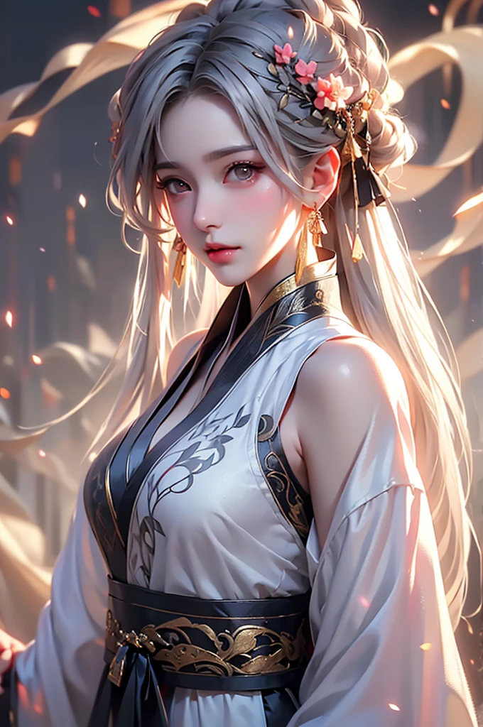 super high quality, masterpiece, Perfect illustration, Very detailed (Exquisite light and shadow, Very dramatic photo,Backlight) , ((Gray Hair:1.5))1 Girl,(( alone:1.6)), (Wearing Han clothes, Black and white Hanfu,Monotony,Long sleeve) Flower Field, Flowers, (White smoke:1.3) (Realistic:1.4), Zen Intertwining, Tangled, Official Art, unity 8k wallpaper, Very detailed, Beautiful and beautiful, masterpiece, Highest quality, (Dynamic Angle: 1.4), Glowing Skin, (Floating colorful flashes: 1) The most beautiful chaotic shapes, elegant, Brutalist Design, Bright colors, Romantic Depth of Field Exotic_dance, half_naked、(Separate sleeves:1.4, Expose your shoulders、Ample breasts、Beautiful cleavage)(side view)