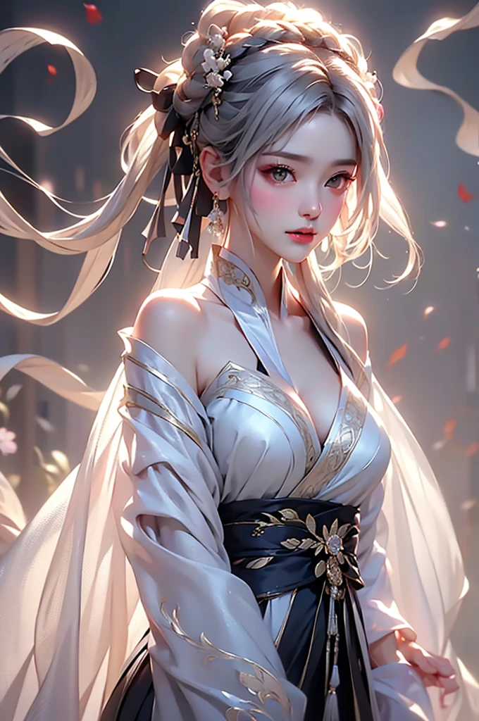 super high quality, masterpiece, Perfect illustration, Very detailed (Exquisite light and shadow, Very dramatic photo,Backlight) , ((Gray Hair:1.5))1 Girl,(( alone:1.6)), (Wearing Han clothes, Black and white Hanfu,Monotony,Long sleeve) Flower Field, Flowers, (White smoke:1.3) (Realistic:1.4), Zen Intertwining, Tangled, Official Art, unity 8k wallpaper, Very detailed, Beautiful and beautiful, masterpiece, Highest quality, (Dynamic Angle: 1.4), Glowing Skin, (Floating colorful flashes: 1) The most beautiful chaotic shapes, elegant, Brutalist Design, Bright colors, Romantic Depth of Field Exotic_dance, half_naked、(Separate sleeves:1.4, Expose your shoulders、Ample breasts、Beautiful cleavage)(side view)