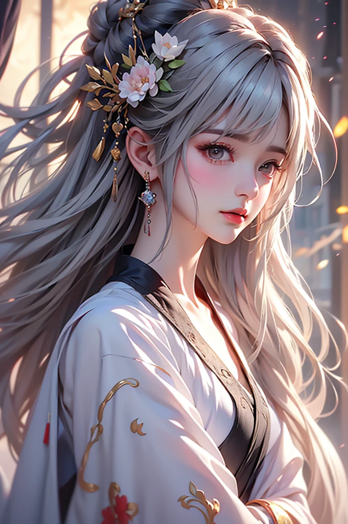super high quality, masterpiece, Perfect illustration, Very detailed (Exquisite light and shadow, Very dramatic photo,Backlight) , ((Gray Hair:1.5))1 Girl,(( alone:1.6)), (Wearing Han clothes, Black and white Hanfu,Monotony,Long sleeve) Flower Field, Flowers, (White smoke:1.3) (Realistic:1.4), Zen Intertwining, Tangled, Official Art, unity 8k wallpaper, Very detailed, Beautiful and beautiful, masterpiece, Highest quality, (Dynamic Angle: 1.4), Glowing Skin, (Floating colorful flashes: 1) The most beautiful chaotic shapes, elegant, Brutalist Design, Bright colors, Romantic Depth of Field Exotic_dance, half_naked、(Separate sleeves:1.4, Expose your shoulders、Ample breasts、Beautiful cleavage)(side view)