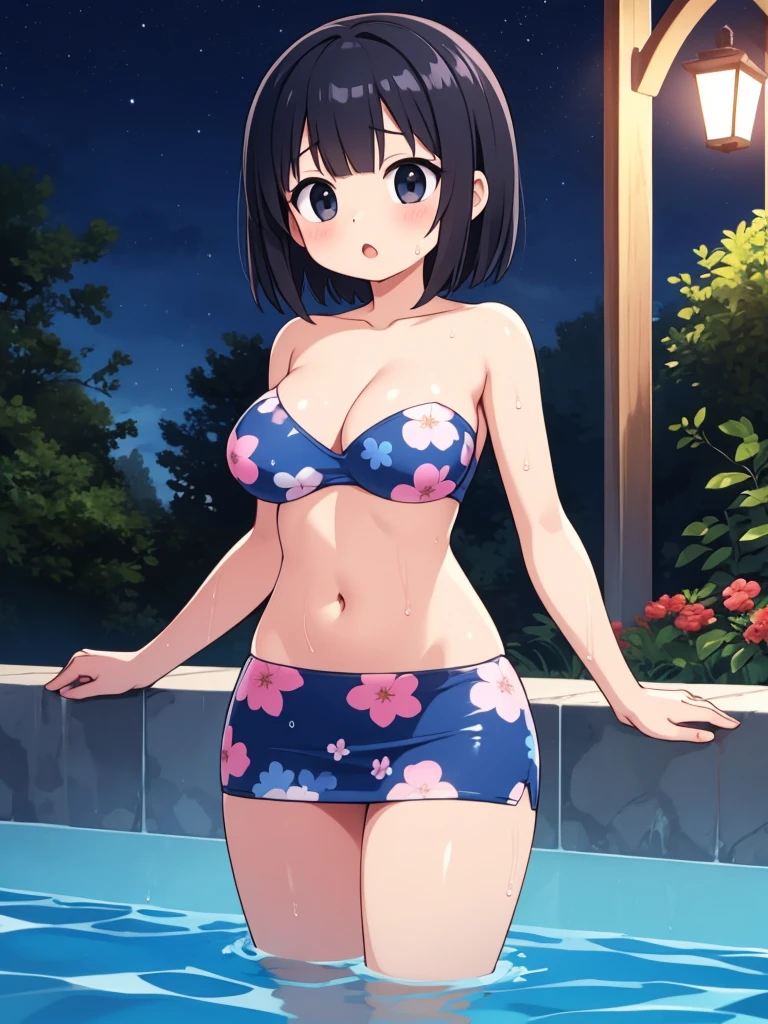 (masterpiece), best quality, (16k), expressive eyes, perfect face, BREAK, office lady, 1 girl, solo, large breast, navel, BREAK, ((pink floral print tube top)), BERAK, ((wet cobalt blue solid pencil mini skirt)), BREAK, bare arms, bare legs, shiny skin, wet body, BREAK, black hair, very short hair, wet hair, black eyes, BREAK, outdoors, in the pool, wading, night sky, standing, sad, :o, (cowboy shot), (from front), BREAK,