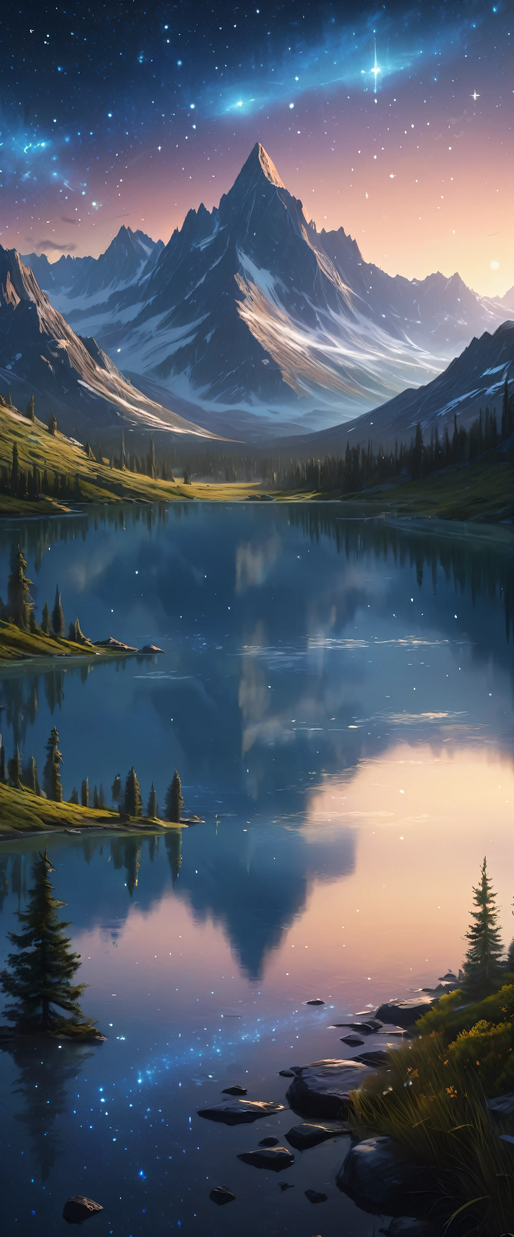 Starry Sky with Mountains and Lake, Jessica Rossier, Inspired by Jessica Rossier, Jessica Rossier Fantasy Art, Concept Art Magic Highlights, Official Artwork, Dream Painting, Ethereal Realm, Atmospheric artwork, dreamy matte paintings, serene endless stars inspired by Ted Nasmith, moonlit starry environments, epic music album covers.流れ星が大きな光の帯を描いている