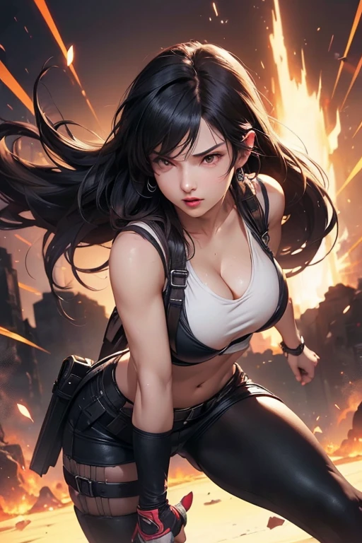 (((Full and soft breasts,)))(((Huge breasts))) (((Cleavage))) (Perfect curvy figure)Tifa Lockheart, Sweat, Extremely meticulous eye detail, Anime 4K wallpapers, Extremely sharp, Fierce Breath, Optimal lighting