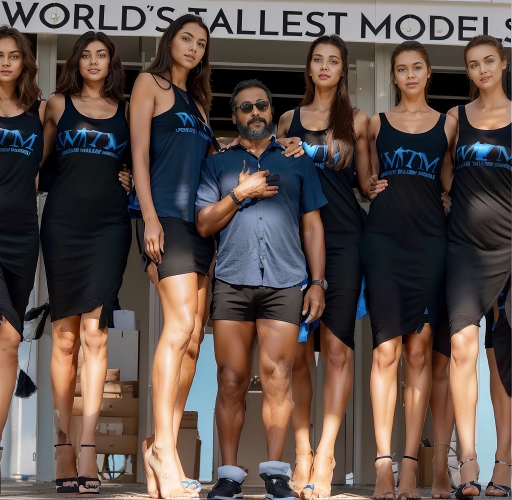 Three tall girls on the lfe left, three tall girls in the right, short man in the middle, the girls are much taller than the man, girls have big  and cleavage, girls are wearing black, man is wearing blue shirt, girls are standing barefoot, man is wearing shoes,