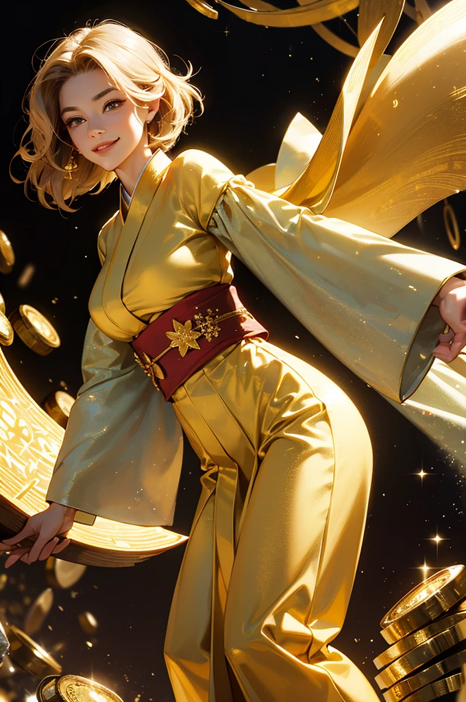 A beautiful woman in a gold kimono smiles against the backdrop of a mountain of gold nuggets, gold coins, and gold dust sparkling in the air.