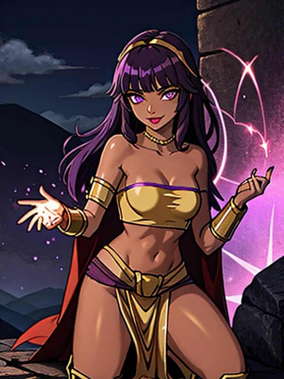 (best quality:1.3), (4K quality),masterpiece, best quality, high res, detailed, (Detailed face:1.2), (Detailed eyes:1.2), (Perfect figure:1.2), Fantasy style, Fantasy environment, solo, 1girl, BREAK 25 year old woman, sorceress, (Dark skin:1.5), purple hair, wavy hair, long hair, purple eyes, mascaras purple eyeshadow, smile, purple lipstick, covered in tattoos, medium breasts, waist, slender legs, attractive body, slim figure, perfect shape, (Wearing: golden headband, purple strapless top, purple loincloth, pelvic curtain, golden armlets, golden knee-high boots:1.3), BREAK highly detailed costume with intricate designs, looking at viewer, she's looking at the camera with an thrilled and confident smile, both hands glowing bright purple, purple magic, bright purple sparks in both hands, expressive expression, dark and mysterious aura, complex eye makeup, mystical energy radiating from her hands, electric purple orbs swirling around her, beautifully contoured face, fierce and confident posture, dark and dramatic lighting, vivid colors, intense purple and magenta color palette, individual spheres spinning at different speeds, translucent orbs emitting purple sparks, tracing of rays throughout the scene, illuminating the woman's silhouette with a mesmerizing glow, breathtaking visual effects, captivating and enchanting portrait, impressive level of detail in the woman's eyes and expression, attention to every intricate detail, BREAK (Night time, outdoors, stone temple, stone structures in the surroundings, dark clouds in the sky, purple lighting, gorgeous view of the mountainous valley)
