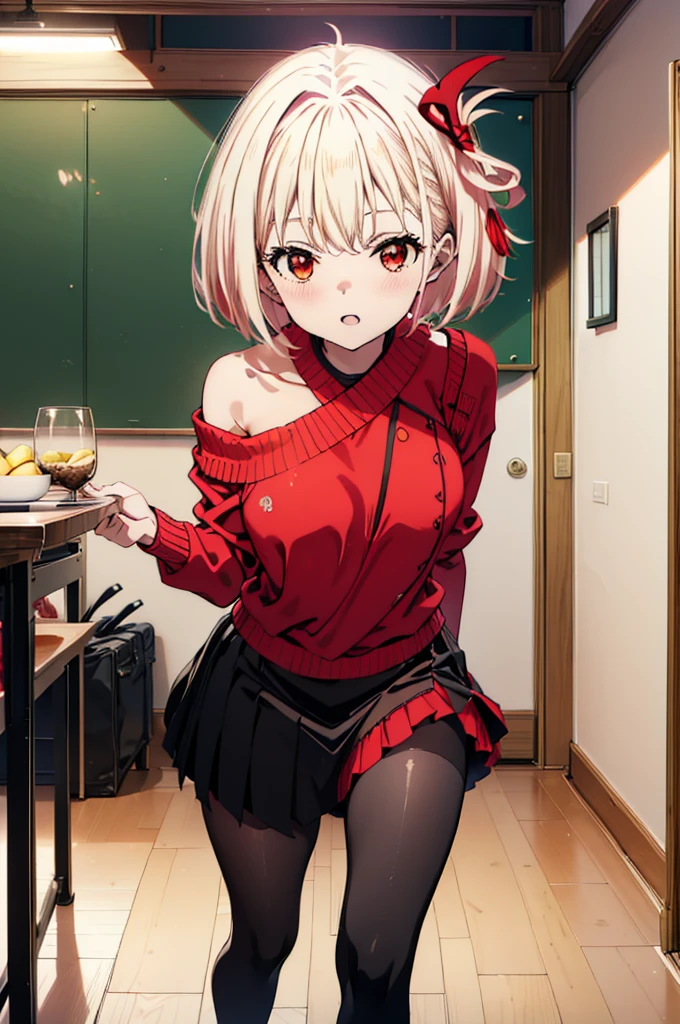 Chisato Nishikigi, short hair, bangs, Blonde, (Red eyes:1.5), hair ribbon, One side up, Bobcut,happy smile, smile, Open your mouth,Black-rimmed glasses,Red one-shoulder sweater,mini skirt,Black pantyhose,short boots,There is food on the table,トレイ in one hand,Chair,Walking,whole bodyがイラストに入るように,
break indoors,School,canteen,
break looking at viewer, whole body,
break (masterpiece:1.2), Highest quality, High resolution, unity 8k wallpaper, (figure:0.8), (Beautiful attention to detail:1.6), Highly detailed face, Perfect lighting, Highly detailed CG, (Perfect hands, Perfect Anatomy),