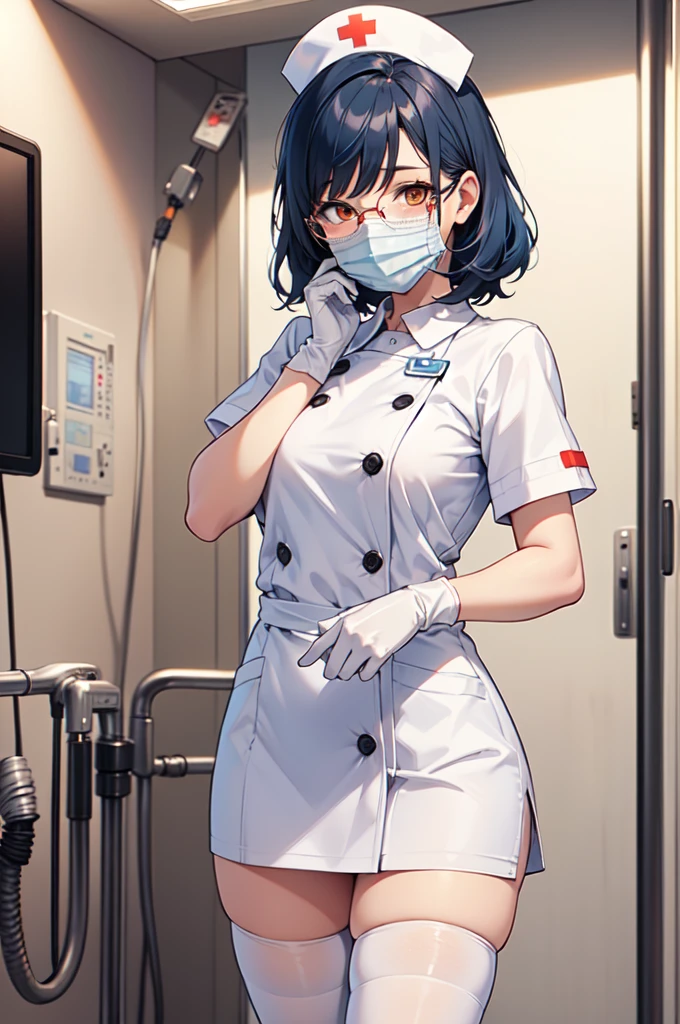 1woman, solo, nurse, white nurse cap, white nurse uniform, ((white legwear, zettai ryouiki)), white gloves, glasses, blue hair, orange eyes, ((white surgical mask, covered nose)), standing, ((hospital room)), sharp outline, short sleeves, mature female, 35 years old, best quality, masterpiece